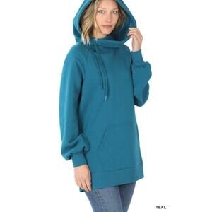 Zenana Teal Side Tie Hoodie 1X longline sweatshirt pullover asymmetrical